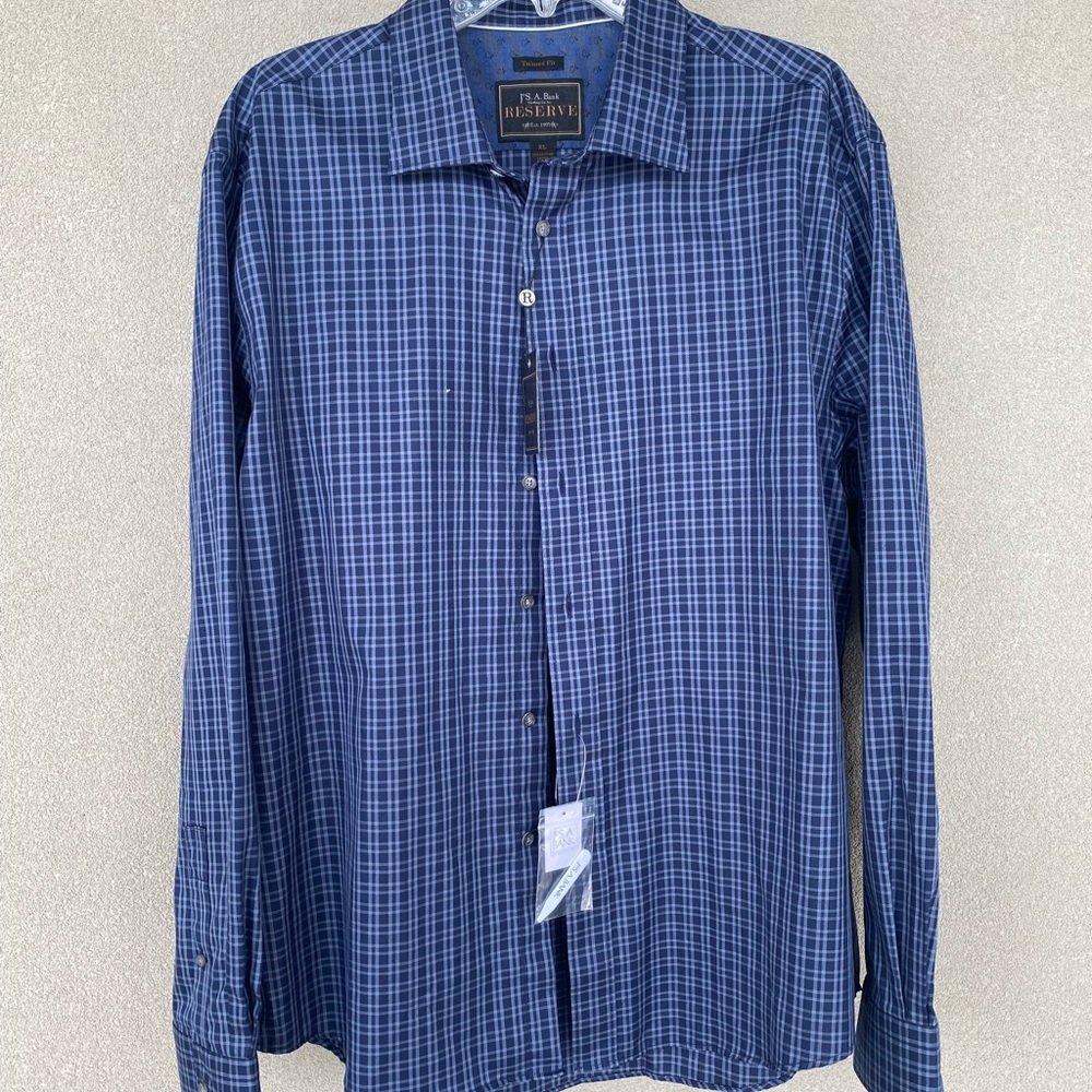 100% cotton Jos A. Bank “Reserved” Navy Blue Plaid Men's Shirt New with Tags